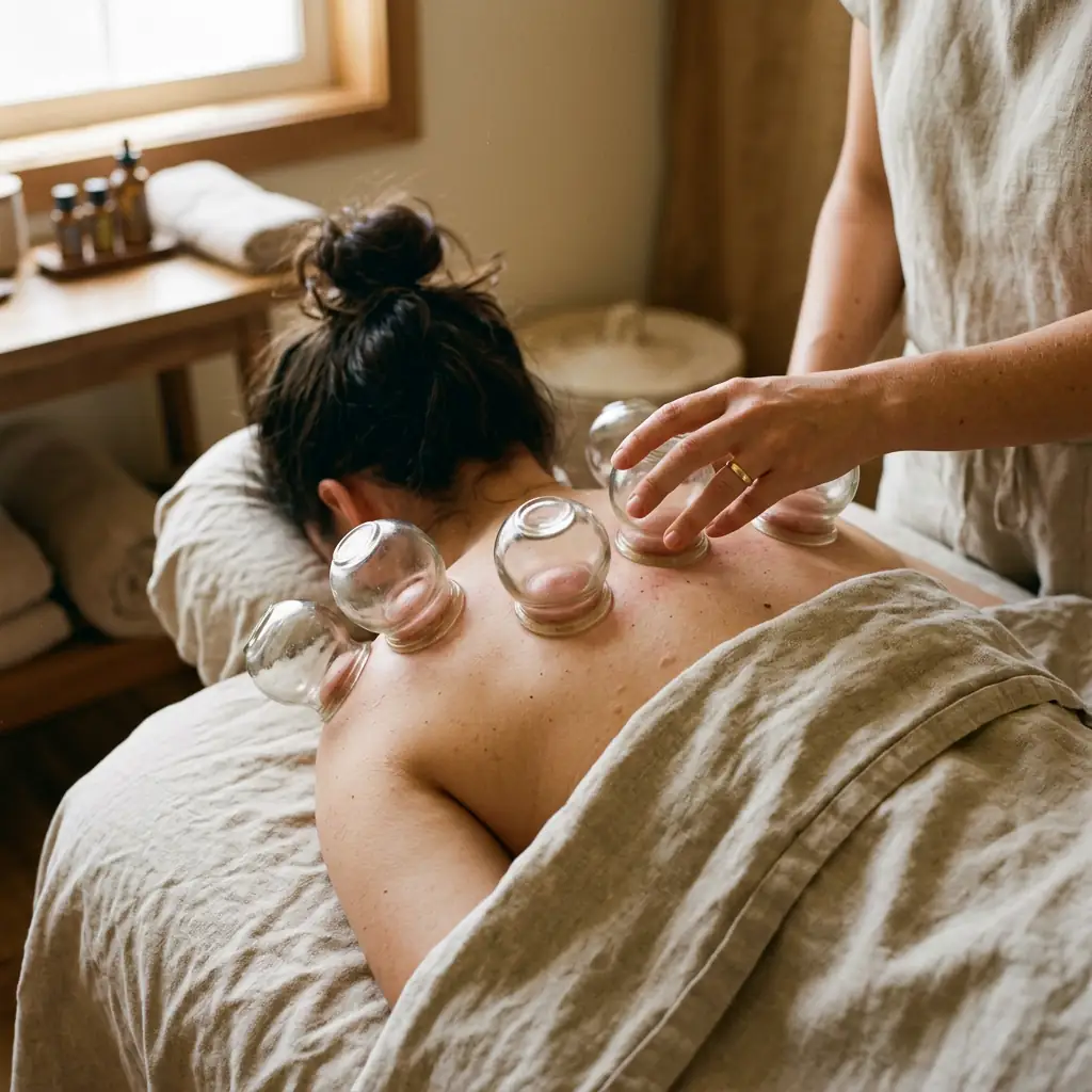 Therapist placing a suction cup on a client's upper back, four cups already set along the shoulders during a cupping therapy session