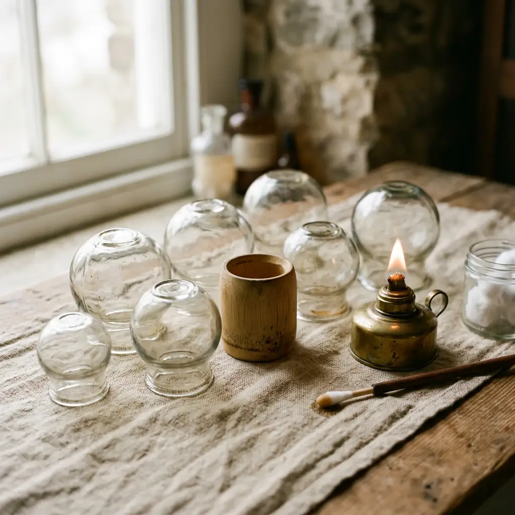 Cupping cups laid out on linen beside a small flame lamp and cotton swabs