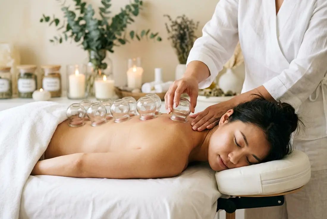 A row of suction cups set along a client's back on the massage table in a quiet candlelit treatment room