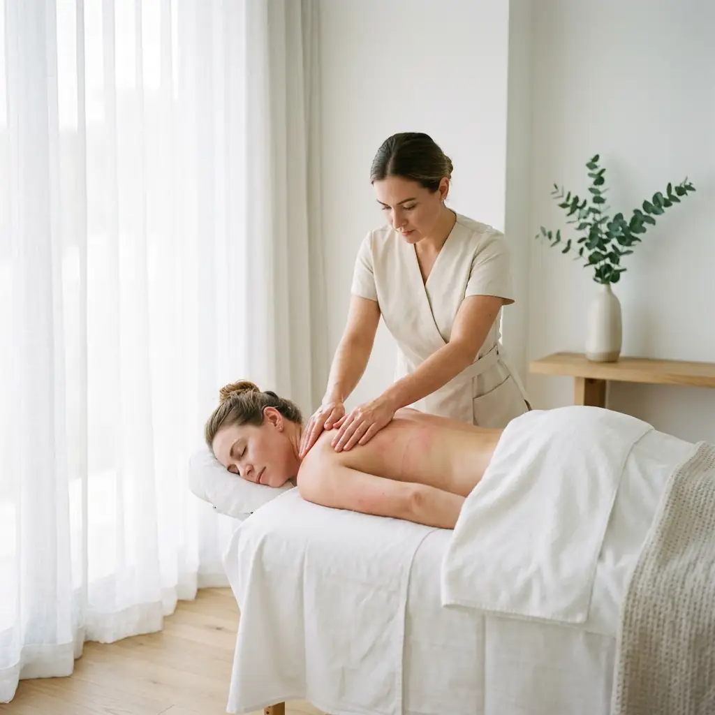 Massage therapist working a client's mid-back by hand on a table in a bright, calm treatment room