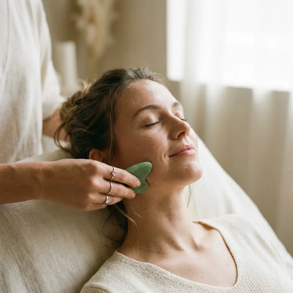 Therapist stroking a smooth-edged gua sha tool along a client's neck and shoulder ridge