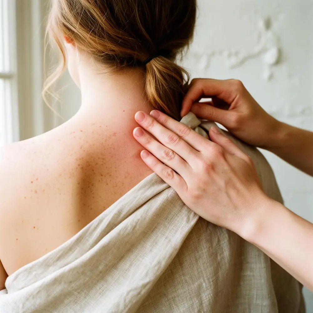 Close-up of a therapist's hands easing the neck and upper trapezius of a seated client wrapped in a linen sheet