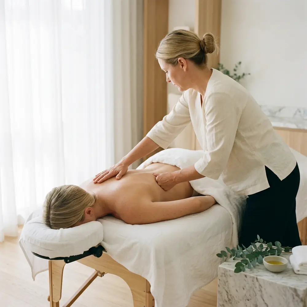 Therapist using forearm and palm pressure along a client's back to integrate the work after cupping