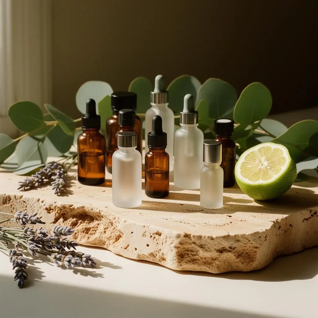 Small bottles of massage oil and dried botanicals arranged on a linen cloth in a treatment room