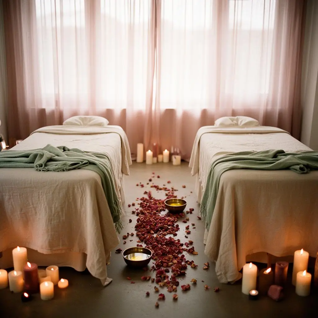 Two massage tables set side by side in a candlelit room prepared for a couples session