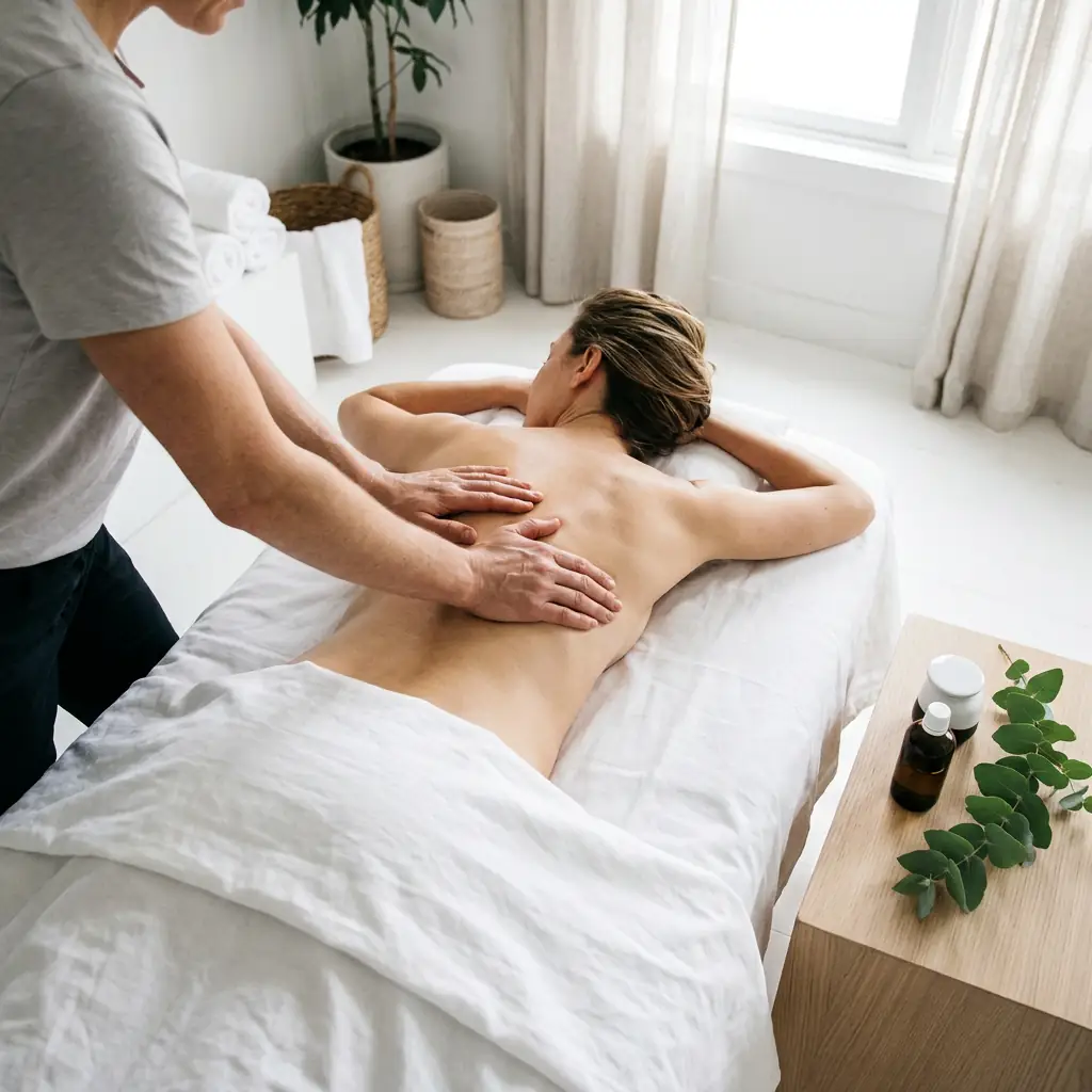 Therapist working a client's mid-back by hand on a massage table in a bright, calm room