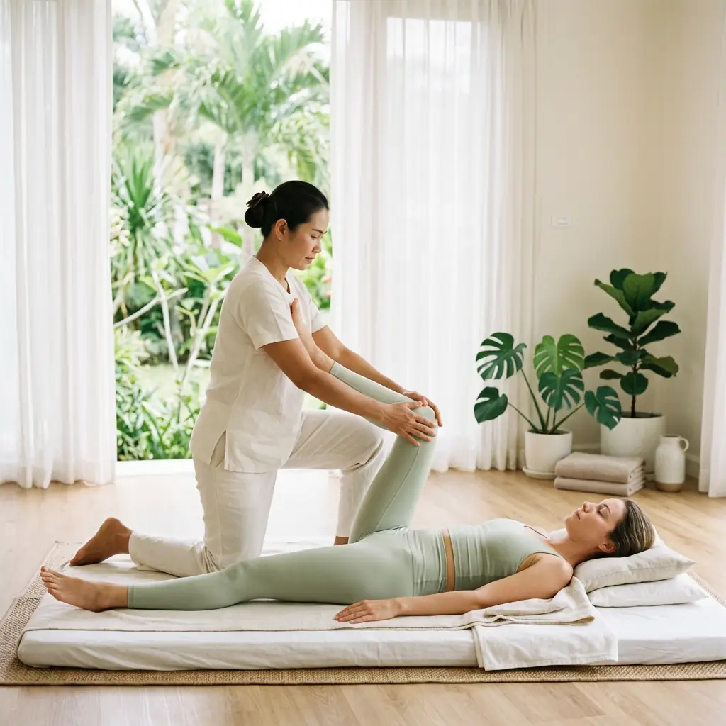 Therapist applying an assisted stretch to a fully clothed client on a padded floor mat during a futon massage