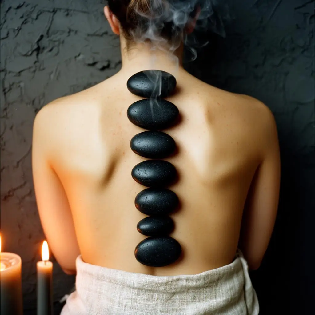 Warm basalt stones laid along a client's spine during the complimentary hot stone portion of a session