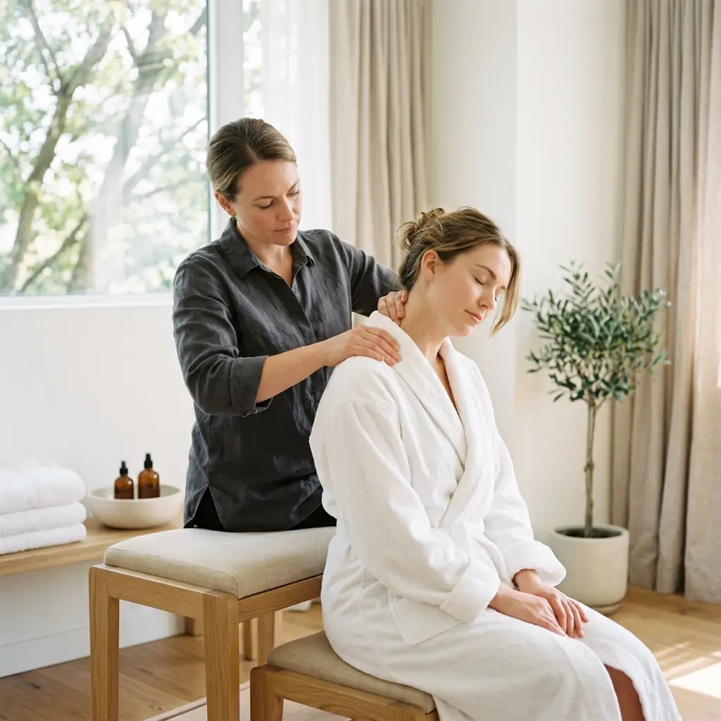 Therapist easing a seated client's neck and shoulder line with both hands at Q Healthy Spa in Eau Claire