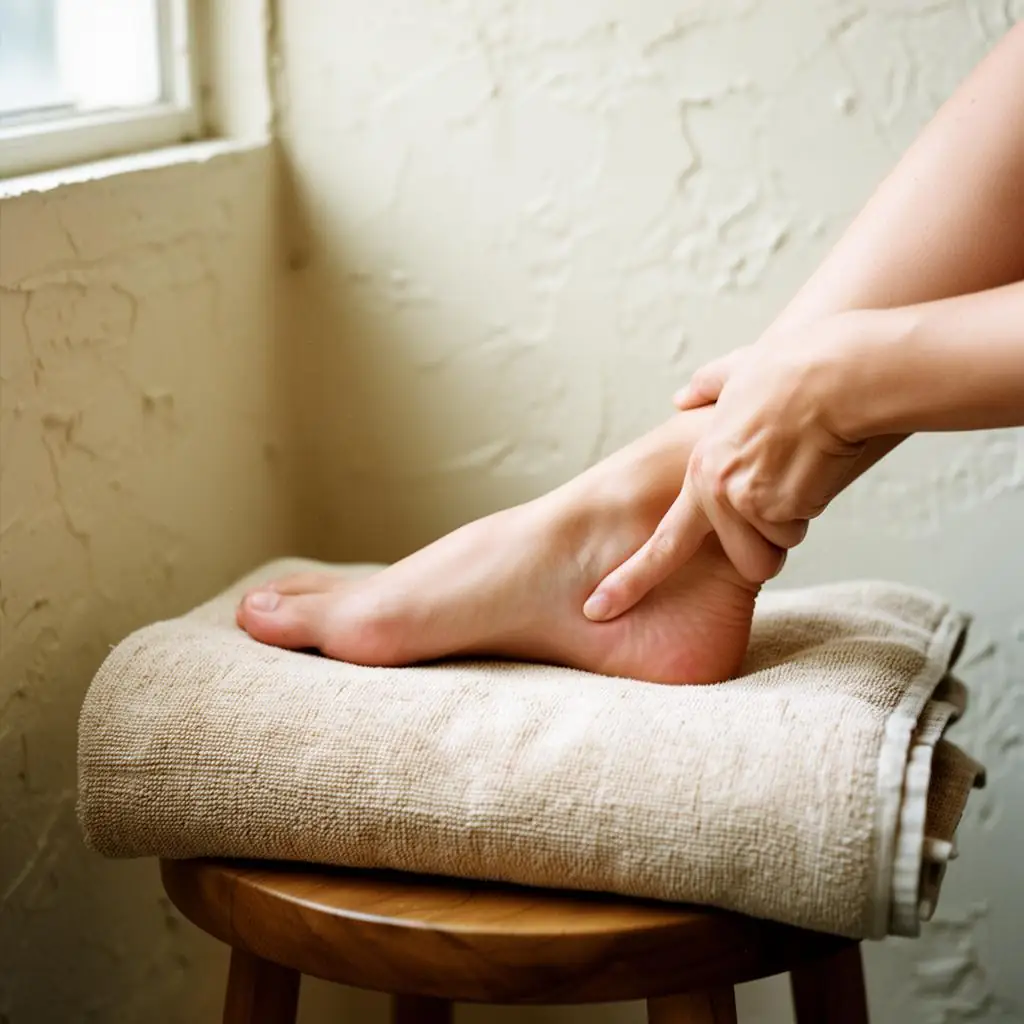 Therapist applying steady thumb pressure to the arch of a client's foot