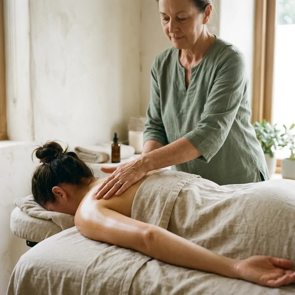 Therapist using long, flowing strokes along a client's back during a Swedish massage session